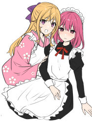 2girls :d absurdres alternate_costume apron arato_hisako black_dress blonde_hair blush bow collared_dress dress enmaided floral_print hair_bow highres japanese_clothes juliet_sleeves kimono long_sleeves maid maid_headdress medium_hair multiple_girls nakiri_erina neck_ribbon open_mouth pink_eyes pink_hair pink_kimono puffy_sleeves purple_bow red_ribbon ribbon shokugeki_no_souma simple_background sitting smile toy-black white_apron white_background