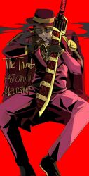 05_soleil 1boy black_gloves cigar coat elbow_rest english_text fedora full_body gloves gold_trim hat head_tilt highres holding holding_sword holding_weapon invisible_chair jacket jacket_on_shoulders limbus_company male_focus meursault_(project_moon) project_moon red_background red_coat red_shirt red_vest shirt sitting smoke smoking solo sunglasses sword thumb_(identity)_(project_moon) vest weapon
