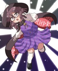 1girl :o black_cape black_hat black_shoes blush bow brown_eyes brown_hair cape clothes_writing commentary_request foot_up full_body glasses gloves hat hat_bow highres long_sleeves looking_at_viewer open_mouth over-kneehighs plaid_clothes plaid_skirt plaid_vest purple_skirt purple_vest red-framed_eyewear red_cape rokugou_daisuke runes semi-rimless_eyewear shirt shoes short_hair signature skirt skirt_set solo standing standing_on_one_leg thighhighs touhou two-sided_cape two-sided_fabric usami_sumireko vest white_bow white_gloves white_shirt white_thighhighs