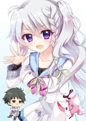 1boy 1girl 9-nine- :d @_@ absurdres ahoge belt black_hair blurry blurry_background blush bow bowtie braid breasts brother_and_sister buttons chibi chibi_inset clip_studio_paint_(medium) collarbone commentary_request cowboy_shot double-breasted dress eyes_visible_through_hair frilled_dress frills gradient_background green_ribbon grey_belt grey_hair grey_jacket hair_between_eyes hair_ribbon hand_up highres impossible_clothes jacket large_breasts lens_flare long_hair long_sleeves looking_at_another looking_at_viewer nakagawa_danieru necktie niimi_kakeru niimi_sora open_clothes open_jacket open_mouth outstretched_hand pink_bow pink_bowtie purple_eyes red_necktie ribbon school_uniform shirt short_hair siblings side_ponytail simple_background single_braid smile smirk smug solo_focus sophitia spiked_hair v-shaped_eyebrows very_long_hair white_background white_dress white_shirt