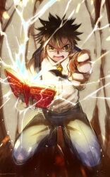 Rule 34 | 1boy, backpack, bag, black hair, book, finger gun, gouache (medium), highres, holding, holding book, kneeling, konjiki no gash!!, open mouth, painting (medium), pointing, pointing at viewer, school uniform, shirt, shouting, takamine kiyomaro, traditional media, tsugumi suzuma, white shirt