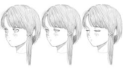 1girl blush closed_eyes closed_mouth expressionless greyscale hair_ornament half-closed_eyes head_only highres iwakura_lain karasumaichiu looking_to_the_side monochrome multiple_views nose_blush serial_experiments_lain short_hair single_sidelock swept_bangs x_hair_ornament
