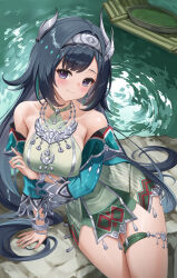 1girl aqua_sleeves arm_support arm_under_breasts black_eyes black_hair blush breasts closed_mouth collarbone commentary_request detached_sleeves dress from_above genshin_impact green_dress hairband highres lan_yan_(genshin_impact) long_hair looking_at_viewer lunacle medium_breasts metal_hairband silver_hairband sitting sleeveless sleeveless_dress smile solo thigh_strap water