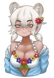 1girl adansosutega alternate_costume animal_ears bare_shoulders bikini blue_sweater blush collarbone extra_ears floral_bikini flower frilled_bikini frills grey_eyes hair_between_eyes hair_flower hair_ornament highres kemono_friends lion_ears lion_girl looking_at_viewer short_hair short_twintails sidelocks solo sweater swimsuit transvaal_lion_(kemono_friends) twintails upper_body white_background white_bikini white_hair