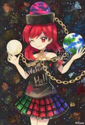 Rule 34 | 1girl, artist name, black shirt, black skirt, chain, closed mouth, clothes writing, commentary, dated, earth (ornament), english text, gold chain, green skirt, hashtag-only commentary, hecatia lapislazuli, highres, long hair, looking at viewer, maa (forsythia1729), moon (ornament), multicolored skirt, off-shoulder shirt, off shoulder, one eye closed, purple skirt, red eyes, red hair, red skirt, shirt, skirt, smile, solo, t-shirt, touhou, traditional media, twitter username, underworld (ornament), watermark
