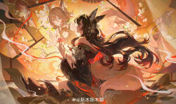 1girl absurdres animal_ears black_dress brown_hair chinese_commentary commentary_request dress floating_hair fox_ears fox_girl fox_tail fugue_(honkai:_star_rail) green_eyes hair_ornament hand_fan highres honkai:_star_rail honkai_(series) long_hair long_sleeves multiple_tails off-shoulder_dress off_shoulder red_nails red_ribbon reflection ribbon sitting smusmuye solo tail tassel tassel_hair_ornament tingyun_(harmony)_(honkai:_star_rail) tingyun_(honkai:_star_rail) very_long_hair watermark weibo_username weibo_watermark
