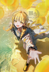 Rule 34 | 1girl, artist name, balloon, beach, beckoning, black ribbon, blonde hair, blush, braid, fang, fujita kotone, gakuen idolmaster, hair ribbon, highres, holding, holding balloon, idolmaster, inaeda kei, jacket, jewelry, long hair, necklace, outdoors, qr code, ribbon, skin fang, smile, solo, twin braids, white jacket, yellow eyes