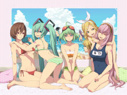 3boys 5girls age_difference ahoge aqua_hair aqua_nails bad_id bad_pixiv_id banana barefoot beach between_thighs bikini child colored_eyelashes day eyelashes feet food fruit fundoshi gumi hatsune_miku japanese_clothes kagamine_len kagamine_rin kaito_(vocaloid) kamui_gakupo kneeling megurine_luka meiko_(vocaloid) micro_bikini multiple_boys multiple_girls nail_polish nayu one-piece_swimsuit onee-loli panties photo_(object) pillow school_swimsuit seiza side-tie_bikini_bottom sitting soles strapless strapless_bikini striped_bikini striped_clothes swimsuit thighs toenail_polish toenails twintails underwear v v_arms vocaloid wariza yellow_nails yuri