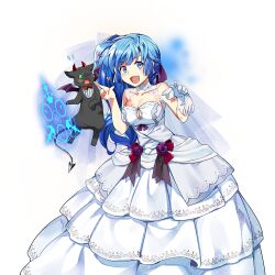 1girl ahoge blue_eyes blue_hair breasts choker demon dress flower gloves hair_ribbon holding holding_gloves holding_unworn_clothes large_breasts long_hair magic_circle off-shoulder_dress off_shoulder open_mouth poseidon_(uchihime) purple_flower purple_ribbon purple_rose ribbon rose rowe side_ponytail single_glove uchi_no_hime-sama_ga_ichiban_kawaii unworn_gloves wedding_dress white_choker white_gloves