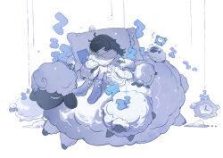1girl ^^^ absurdres ahoge alarm_clock clock closed_eyes cloud crossed_arms dress full_body highres jacket jumping lankilanki long_hair messy_hair on_animal original purple_shoes sheep shoes simple_background sleeping surprised white_background white_dress white_jacket zzz