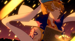 Rule 34 | 1boy, apocalypse, armor, bare shoulders, black coat, blonde hair, blue hat, book, breastplate, circlet, closed mouth, coat, collared coat, embers, expressionless, fate/grand order, fate (series), floating hair, gilgamesh, gilgamesh (caster) (fate), gilgamesh (fate), hat, high collar, highres, holding, holding book, kirina zero, looking ahead, male focus, open clothes, open coat, orange eyes, outdoors, ruins, short hair, shoulder tattoo, sleeveless, sleeveless coat, slit pupils, solo, tattoo, toned, toned male, triangle print, upper body, wind