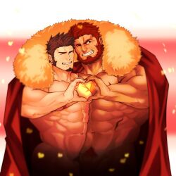 2boys abs absurdres bara beard blue_eyes brown_hair cape couple cowboy_shot dark-skinned_male dark_skin facial_hair fate/grand_order fate_(series) full_beard goatee grin heart heart_background heart_hands heart_hands_duo highres interracial iskandar_(fate) large_pectorals loboke long_sideburns looking_at_viewer male_focus male_pubic_hair mature_male multiple_boys muscular muscular_male naked_cape napoleon_bonaparte_(fate) navel nipples one_eye_closed pectorals penis penis_peek pubic_hair red_cape shared_cape shared_clothes short_hair sideburns smile standing stomach strongman_waist thick_beard thick_eyebrows two-tone_background valentine yaoi