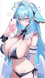 1girl absurdres ahoge arm_behind_back armband artist_name bikini black_bikini black_wrist_cuffs blue_hair blush breasts cellphone cleavage crossed_bangs detached_collar feathered_wings frilled_armband frilled_bikini frilled_headwear frills front-tie_bikini_top front-tie_top furrowed_brow hair_between_eyes hair_intakes hand_up heart highres holding holding_phone kamila_(yuniiho) large_breasts long_hair looking_ahead looking_at_phone low_wings maid_headdress nail_polish navel neck_ribbon open_mouth original phone pink_nails ribbon side-tie_bikini_bottom sideboob simple_background smartphone solo spoken_blush standing stomach string_bikini sweatdrop swimsuit taking_picture thighs very_long_hair white_background white_wings wings wrist_cuffs yellow_eyes yuniiho