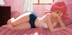 1girl bare_shoulders barefoot bed bed_sheet bedroom blue_shorts breasts cleavage crop_top curtains dolphin_shorts full_body large_breasts lying midriff navel nihu nintendo on_side pillow pink_eyes pink_hair pink_pillow pokemon pokemon_gsc pokemon_hgss shirt shorts sleeveless solo twintails white_shirt whitney_(pokemon) window