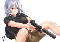 1girl :t backpack bag brown_hair female_focus finger_on_trigger flashlight gun handgun holographic_weapon_sight jpc light m1911 medium_hair original osprey_45 pistol polygonal_suppressor reflector_sight shirt shorts sight_(weapon) silver_hair solo suppressor t-shirt tactical_light weapon white_background