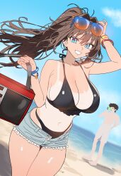 1boy 1girl absurdres aozaki_aoko bare_shoulders beach bikini black_bikini blue_eyes blue_shorts blush breasts brown_hair cleavage ebora grin hair_intakes highres large_breasts long_hair looking_at_viewer mahou_tsukai_no_yoru male_swimwear navel non-web_source one-piece_tan shizuki_soujuurou shore short_hair short_shorts shorts sidelocks smile solo_focus sunglasses swim_trunks swimsuit tan tanline thighs white_shorts