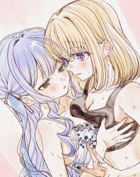 2girls @_@ asymmetrical_docking bang_dream! bang_dream!_it&#039;s_mygo!!!!! bare_arms black_ribbon black_tank_top blonde_hair blue_bra blue_hair blush bra breast_press breasts ccc_cloudy cleavage commentary_request hair_ribbon highres medium_hair misumi_uika multiple_girls parted_lips purple_eyes ribbon sweat tank_top togawa_sakiko two_side_up underwear upper_body yellow_eyes yuri