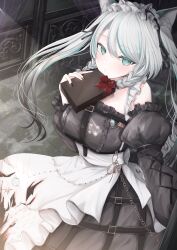 1girl animal_ears bad_tag black_sky braided_sidelocks cake cheek_rest cross-laced_clothes cross-laced_sleeves dessert food frilled_straps fuzzy_clothes grey_nails grey_tail highres hinamori_anthea holding holding_saucer indie indie_virtual_youtuber kurage_cc leopard_ears leopard_tail maid nata_(tool) red_pupils saucer sky snow_leopard_tail strawberry_shortcake tail teapot valentine virtual virtual_youtuber wallpaper_(object)