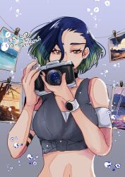 Rule 34 | 1girl, armband, artist name, bare shoulders, black armband, black choker, blue hair, bob cut, breasts, brown eyes, camera, choker, collarbone, crop top, floating hair, gradient hair, grey shirt, highres, holding, holding camera, loose hair strand, medium breasts, midriff, mochimo3632, multicolored hair, nintendo, off-shoulder shirt, off shoulder, perrin (pokemon), photographer, picture frame, pokemon, pokemon sv, ribbed shirt, shirt, short hair, sleeveless, sleeveless shirt, undershirt, upper body, v-neck, watch, white nails, wristwatch