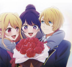 1boy 2girls absurdres arms_around_neck blazer blonde_hair blue_eyes blush bouquet brother_and_sister fang flower hair_between_eyes hair_bun highres holding holding_bouquet hoshino_ai hoshino_aquamarine hoshino_ruby jacket long_hair looking_at_viewer mother_and_child mother_and_daughter mother_and_son multiple_girls non-web_source official_art open_mouth oshi_no_ko pink_eyes purple_eyes purple_hair red_eyes school_uniform short_hair siblings sidelocks smile star-shaped_pupils star_(symbol) symbol-shaped_pupils twins