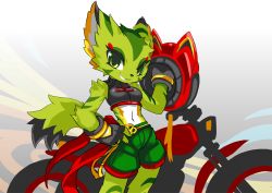 1girl animal_ears breasts carol_tea cat_ears cat_tail crop_top eyelashes fingerless_gloves freedom_planet freedom_planet_2 furry galaxytrail gloves green_eyes hand_on_own_hip helmet looking_at_viewer midriff motor_vehicle motorcycle navel official_art scarf shorts simple_background smile smug standing tail thighs tyson_tan unworn_scarf