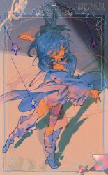 1girl blue_hair closed_eyes collarbone dress frilled_sleeves frills full_body highres kurumiyuu16 medium_hair original shoes sketch smile solo white_dress white_shoes