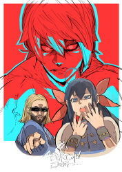 Rule 34 | 1girl, 2boys, blonde hair, blue eyes, blue hair, breasts, chinese clothes, clenched hand, corruption, covering own mouth, crying, fatal fury, fatal fury: city of the wolves, futaba hotaru, highres, looking at viewer, low twintails, medium breasts, multiple boys, muscular, muscular male, open mouth, parody, pointing, pointing at viewer, red eyes, rock howard, salvatore ganacci, scared, snk, street fighter, street fighter zero (series), street fighter zero 2, sunglasses, tears, teeth, the king of fighters, tongue, twintails