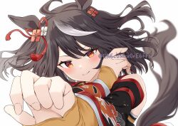1girl absurdres ahoge animal_ears arms_across_body bare_shoulders black_hair black_sleeves black_tail blurry blurry_background blush bow chanchanko_(clothes) closed_mouth commentary curled_fingers depth_of_field detached_sleeves dress ear_ornament ear_ribbon fingernails highres horse_ears horse_girl horse_tail kitasan_black_(umamusume) kouhaku_nawa layered_sleeves long_sleeves looking_at_viewer outstretched_arm red_eyes rope shimenawa short_hair simple_background single_hair_streak smile solo tail twitter_username umamusume upper_body white_background white_streaks wide_sleeves yamano_rokamizu yellow_dress yellow_sleeves