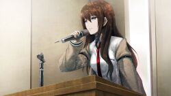 1girl arm_strap belt breast_pocket breasts brown_hair brown_jacket closed_mouth collared_shirt eyelashes game_cg hair_between_eyes highres holding holding_microphone huke indoors jacket jacket_partially_removed long_hair long_sleeves looking_to_the_side makise_kurisu medium_breasts microphone music narrowed_eyes necktie non-web_source off_shoulder official_art open_clothes open_jacket pink_lips pocket podium purple_eyes purple_trim red_necktie ringed_eyes shiny_lips shirt sleeves_past_wrists smirk solo square_pupils steins;gate upper_body white_shirt