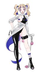 1girl asymmetrical_footwear asymmetrical_sleeves belt black_bodysuit black_boots blonde_hair blue_hair blue_socks blush bodysuit boots breasts bright_pupils cat_girl cat_tail chain contrapposto controller cuffs earrings female_focus fishnet_socks fishnets forehead full_body groin hair_tie half-closed_eyes hand_on_own_hip happy heart_pasties high-waist_skirt highres holding holding_gag jewelry legs_apart long_hair long_sleeves looking_at_viewer medium_breasts multicolored_hair multiple_earrings necktie open-toe_boots open_mouth original pasties pink_eyes pussy_juice remote_control remote_control_vibrator revealing_clothes sex_toy shackles shiny_clothes short_necktie shrug_(clothing) simple_background single_sock sketch skindentation skirt smile socks solo spreader_bar standing straight-on streaked_hair tail teeth thigh_strap tongue tongue_out twintails two-sided_fabric two-sided_skirt two-tone_hair uneven_footwear uneven_sleeves unknownyasha v-shaped_eyebrows vibrator vibrator_cord vibrator_under_clothes white_background white_necktie white_pupils white_skirt