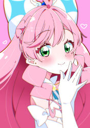 Rule 34 | 1girl, absurdres, bow, braid, brooch, closed mouth, commentary, crown braid, cure prism, dress, earrings, elbow gloves, from side, glove bow, gloves, green eyes, hair bow, heart, highres, hirogaru sky! precure, jewelry, long hair, looking at viewer, magical girl, mismatched earrings, nijigaoka mashiro, own hands together, pink background, pink hair, potacure, precure, side braids, smile, solo, very long hair, white bow, white dress, white gloves, wing brooch