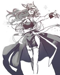 Rule 34 | 1girl, arch bishop (ragnarok online), breasts, cleavage, cleavage cutout, closed eyes, clothing cutout, cross, datenshi no fu, dress, feathered wings, feet out of frame, floating hair, greyscale, head wings, highres, juliet sleeves, long hair, long sleeves, medium breasts, monochrome, open mouth, outstretched arms, puffy sleeves, ragnarok masters, ragnarok online, sash, simple background, smile, solo, spread arms, standing, two-tone dress, wings