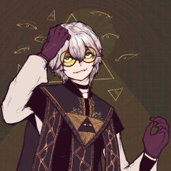 1boy bags_under_eyes bishounen clerical_collar clutching_head commission commissioner_upload crazy_eyes eye_of_providence glasses gloves glowing glowing_eyes insulindian_maréchale magic male_focus original priest purple_gloves smile solo tagme the_archivist_(soarel) type-moon white_hair yellow_eyes