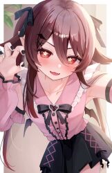 1girl alternate_costume black_nails black_ribbon black_skirt blush breasts brown_hair fangs flower flower-shaped_pupils genshin_impact hair_between_eyes hair_ornament hair_ribbon hairclip hu_tao_(genshin_impact) long_hair long_sleeves looking_at_viewer open_mouth pink_shirt pink_sleeves red_eyes ribbon ruarua0819 shirt skirt small_breasts smile solo symbol-shaped_pupils twintails very_long_hair x_hair_ornament