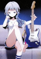 1girl absurdres artistic_error barefoot between_toes electric_guitar feet female_focus fender_stratocaster guitar highres instrument plectrum silver_hair soles solo tiv toes wrong_foot