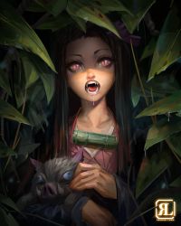 1girl absurdres bamboo black_hair black_haori boar drooling fangs forehead gag gag_around_neck haori hashibira_inosuke headpat highres japanese_clothes kamado_nezuko kimetsu_no_yaiba kimono lips long_hair nose photoshop_(medium) piglet pink_eyes pink_kimono reagan_long saliva slit_pupils solo_focus teeth unworn_gag