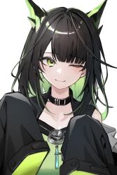 Rule 34 | 1girl, ;), absurdres, arknights, black collar, black hair, blush, closed mouth, collar, colored inner hair, green eyes, green hair, highres, ka keo, looking at viewer, medium hair, mon3tr (arknights), multicolored hair, one eye closed, simple background, sleeves past fingers, sleeves past wrists, smile, solo, upper body, white background