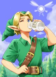 1boy absurdres belt belt_buckle blonde_eyebrows blonde_hair blue_eyes blue_sky bottle buckle child cloud collared_shirt day drinking elf eyebrows fairy fairy_wings green_hat green_tunic hand_on_own_hip hat highres holding link looking_at_viewer male_focus milk_bottle nature navi nintendo one_eye_closed outdoors phrygian_cap pointy_ears shirt short_hair short_sleeves sky solo the_legend_of_zelda the_legend_of_zelda:_ocarina_of_time tree tunic upper_body wing_collar wings young_link