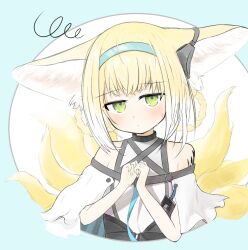 1girl aduki_(zrpw7545) animal_ears arknights blonde_hair braid braided_hair_rings closed_mouth commentary dot_mouth earpiece fox_ears fox_girl fox_tail green_eyes hair_rings highres infection_monitor_(arknights) kitsune kyuubi looking_at_viewer material_growth multiple_tails oripathy_lesion_(arknights) short_hair solo suzuran_(arknights) tail twin_braids upper_body variant_set