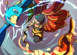 1girl alternate_color arms_(game) beanie blonde_hair domino_mask grey_background hat hitohito mask min_min_(arms) nintendo phoenix_(arms) smile solo spiral spiral_background thunderbird_(arms)