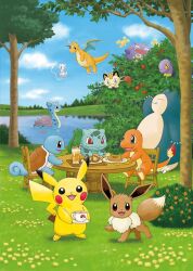 :3 artist_request berry blue_sky bright_pupils bulbasaur bush chair character-themed_food charmander closed_eyes closed_mouth cloud commentary_request cup day dot_nose dragon dragon_wings dragonite drink drinking_straw eevee ekans fangs fire flame-tipped_tail floating flower flying food gas gen_1_pokemon grass koffing lapras legendary_pokemon meowth mew_(pokemon) mythical_pokemon nintendo no_humans nostrils official_art open_mouth outdoors pikachu plate poke_ball_symbol pokemon pokemon_(creature) pokemon_focus red_eyes second-party_source sitting sky smile snorlax squirtle starter_pokemon_trio table tail teacup tray tree v-shaped_eyes water white_pupils wings
