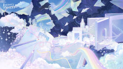 6+girls artist_request blue_sleeves book cloud copyright_name disembodied_hand highres infinity_nikki logo multiple_girls nikki_(series) notebook official_art official_wallpaper open_book paper_airplane pencil rainbow ripples second-party_source silhouette stairs surreal