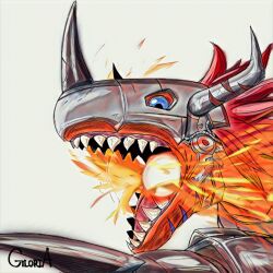 Rule 34 | breath weapon, breathing fire, cyborg, digimon, digimon (creature), fire, gloria (ggggggsan1), grey background, highres, horns, mechanical arms, metalgreymon, open mouth, red hair, sharp teeth, simple background, single mechanical arm, solo, teeth, upper body