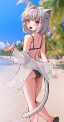 1girl :d animal_ears beach beckoning bikini bikini_under_clothes black_bikini blue_sky blurry breasts cat_ears cat_girl cat_tail commission day depth_of_field from_behind grey_hair hair_ornament hairclip highres long_sleeves looking_at_viewer medium_breasts ocean open_clothes open_mouth original outdoors palm_tree purple_eyes short_hair sky smile sobong swimsuit swimsuit_cover-up tail tree