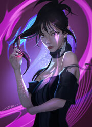 1girl aaaaaabc03121 absurdres aespa bare_shoulders black_dress black_eyeliner black_eyeshadow black_hair choker closed_mouth commentary dress earrings english_commentary eyeliner eyeshadow fingernails hair_bun highres jewelry k-pop karina_(aespa) long_fingernails looking_at_viewer makeup mole real_life red_lips scales sidelocks snake solo upper_body