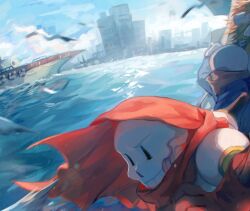 3boys absurdres asgore_dreemurr beard blonde_hair blue_jacket blue_sky boat brothers city cloud day eye_socket facial_hair floating_clothes floating_hair from_behind furry furry_male gloves goat_boy grey_hoodie heichiyo highres hood hood_down hooded_jacket hoodie jacket lifebuoy long_sleeves male_focus multiple_boys ocean open_mouth outdoors papyrus_(undertale) puffy_short_sleeves puffy_sleeves purple_shirt red_gloves red_scarf sans_(undertale) scarf shirt short_sleeves siblings skeleton sky smile snout swim_ring teeth undertale upper_body watercraft white_shirt wind