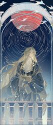 Rule 34 | 1boy, arch, ascot, bird, black coat, black gloves, black robe, blonde hair, book, chinese commentary, closed mouth, coat, commission, curtained hair, eyewear strap, feet out of frame, full moon, glasses, gloves, holding, holding book, laurel crown, light particles, long hair, long sleeves, looking through own legs, lord of the mysteries, male focus, mojieovo, moon, night, open clothes, open coat, parted bangs, railing, red moon, robe, second-party source, shirt, solo, standing, star trail, trunsoest (lord of the mysteries), very long hair, white ascot, white shirt, wide sleeves, yellow eyes