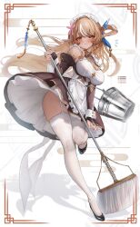 1girl absurdres bare_shoulders black_dress blonde_hair blush breasts cleavage dark-skinned_female dark_elf dark_skin dress elf full_body garter_straps grey_background highres holding holding_mop hololive large_breasts maid maid_headdress maison_de_cante missing_commentary mop multicolored_hair pointy_ears shadow shiranui_flare solo streaked_hair thighhighs two-tone_hair virtual_youtuber white_hair white_thighhighs yellow_eyes
