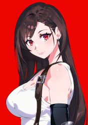 1girl atomicmrshmallw bare_shoulders black_hair breasts cleavage closed_mouth earrings final_fantasy final_fantasy_vii highres jewelry large_breasts lips long_hair looking_at_viewer pink_lips red_background red_eyes shirt simple_background sleeveless sleeveless_shirt smile solo suspenders tifa_lockhart very_long_hair white_shirt