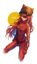 1girl black_hat blue_eyes breasts character_name commentary evangelion:_3.0_you_can_(not)_redo eyepatch from_above hat highres long_hair looking_ahead mecha_pilot_suit medium_breasts narrow_waist neon_genesis_evangelion orange_hair plugsuit_(evangelion) rebuild_of_evangelion simple_background skin_tight slim_legs solo souryuu_asuka_langley twohairs upper_body white_background